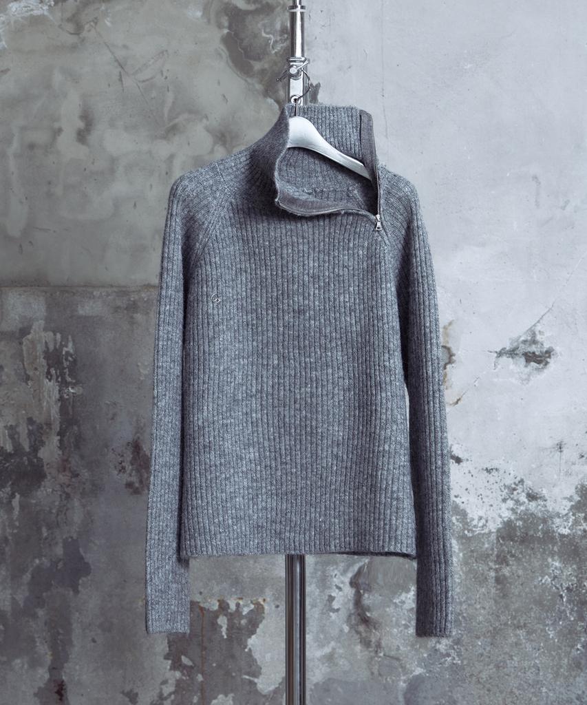 LANARCHIVE [0091] Shoulder Zip-Up Ribbed Knit - Gray