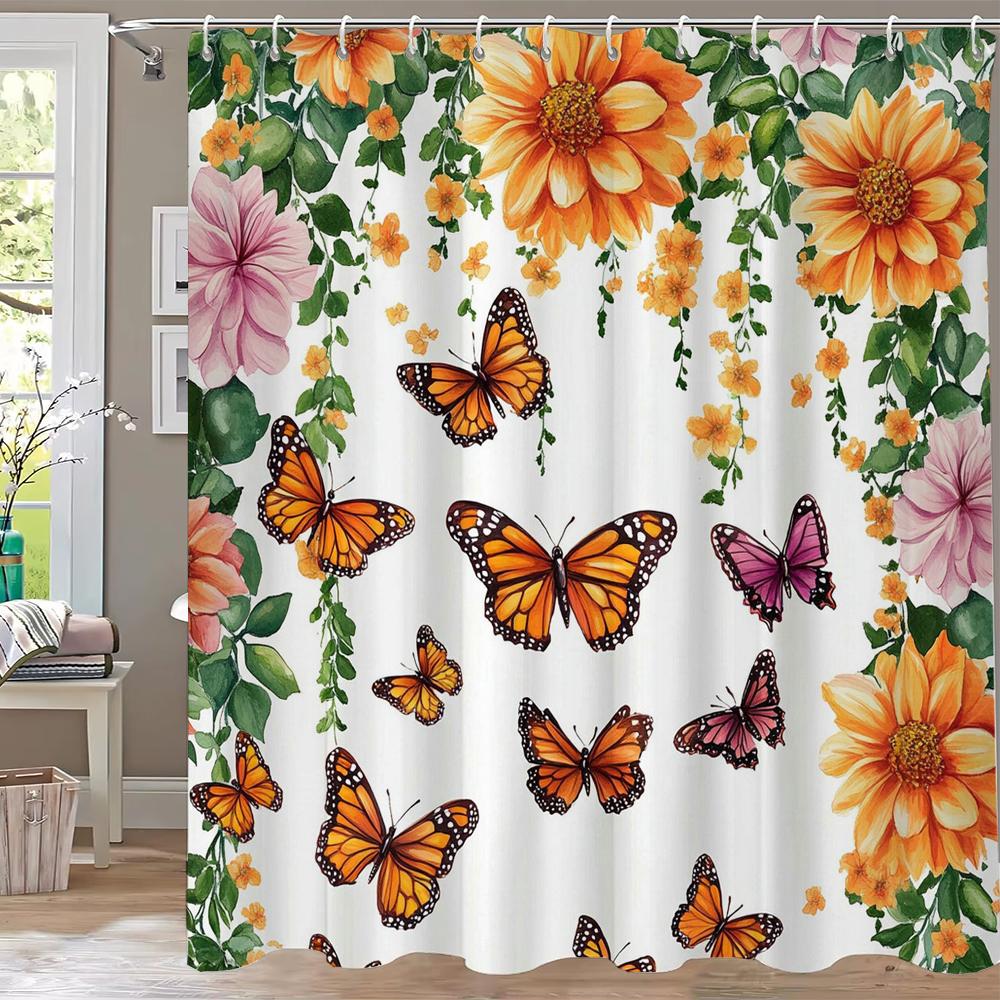 1 pc Colorful Flowers and Butterflies Print Shower Curtains With Hooks Bathroom Curtain Home Decoration Curtain Machine Washable