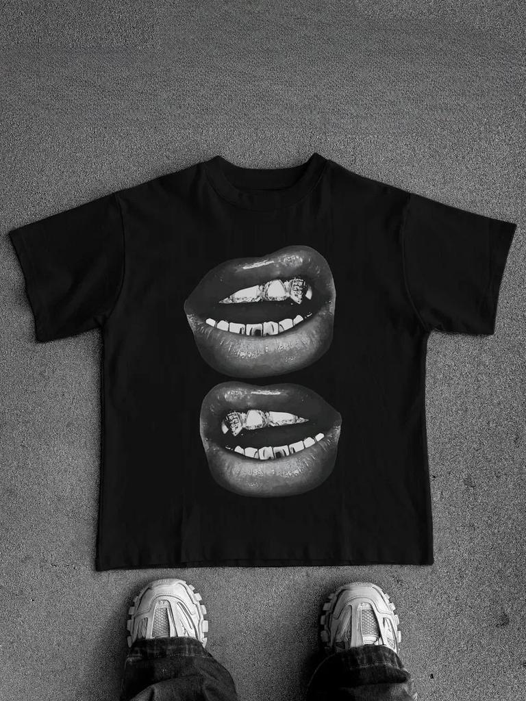 Street Hip Hop Big Mouth Tee Men's Women Punk T-shirt Casual Loose Cotton Oversized Y2k Short Sleeve Male Female Clothing