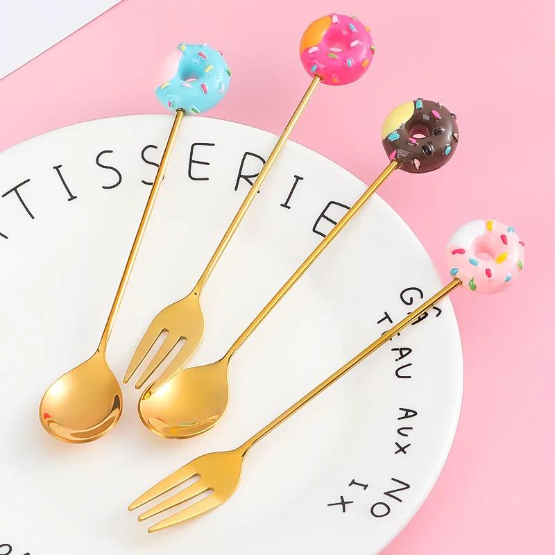 Cuillère-Fourchette Donut Mignonne en Acier Inoxydable Cuillères à Glace Gâteau Dessert Cuillère à Remuer le Café Bonbon Mignon Dessin Animé Cuillère à Thé Vaisselle