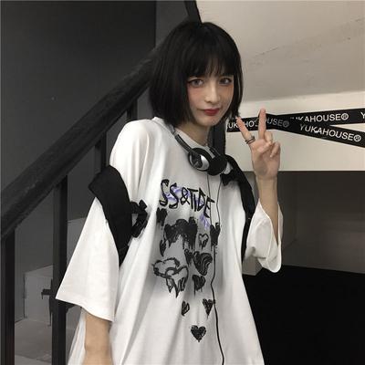 Harajuku damska koszulka oversize z nadrukiem w koreańskim stylu Streetwear Hiphop z nadrukiem serca luźna koszulka na lata 2000 Aesthetictops dla dziewczynek