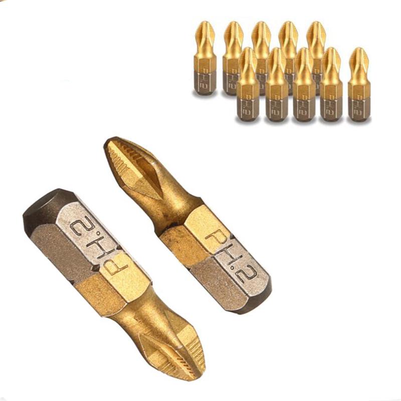 10 Pcs 25 Mm Shank Anti-skid Titanium-plated Alloy PH2 Screwdriver Short Drill Bit