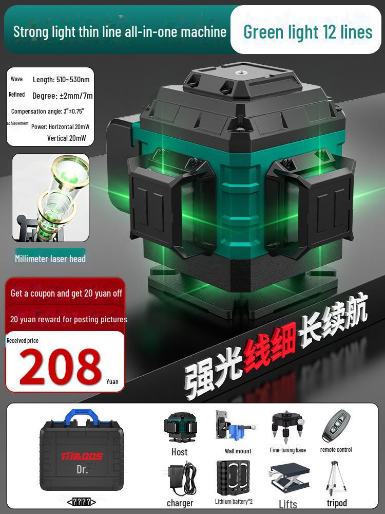 12-Level Precision Green Laser Line: 16 High-Intensity Lines for Indoor/Outdoor Use