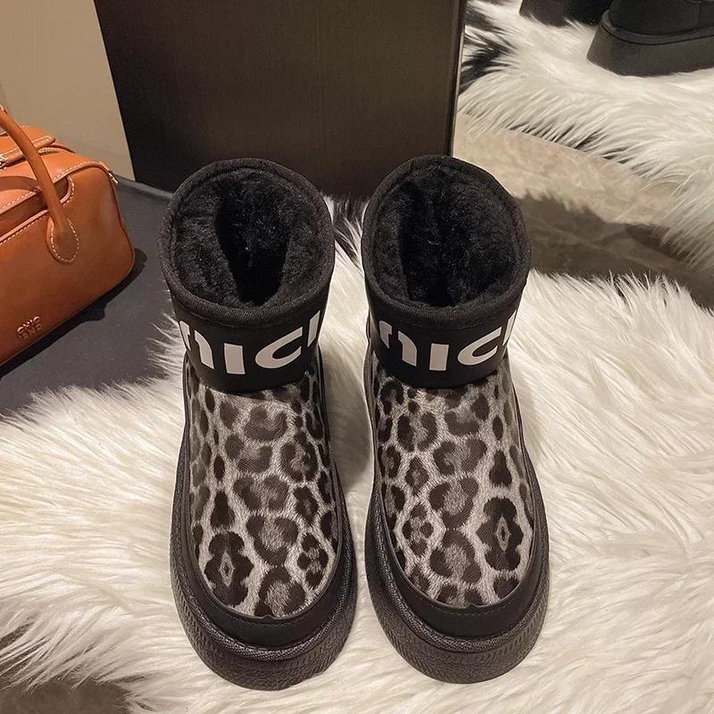 Fashion Leopard Women Fur Snow Boots Ankle Flats Platform Shoes 2025 Winter Short Plush Warm Women Boots Sport Shoes Botas Chelsea Mujer