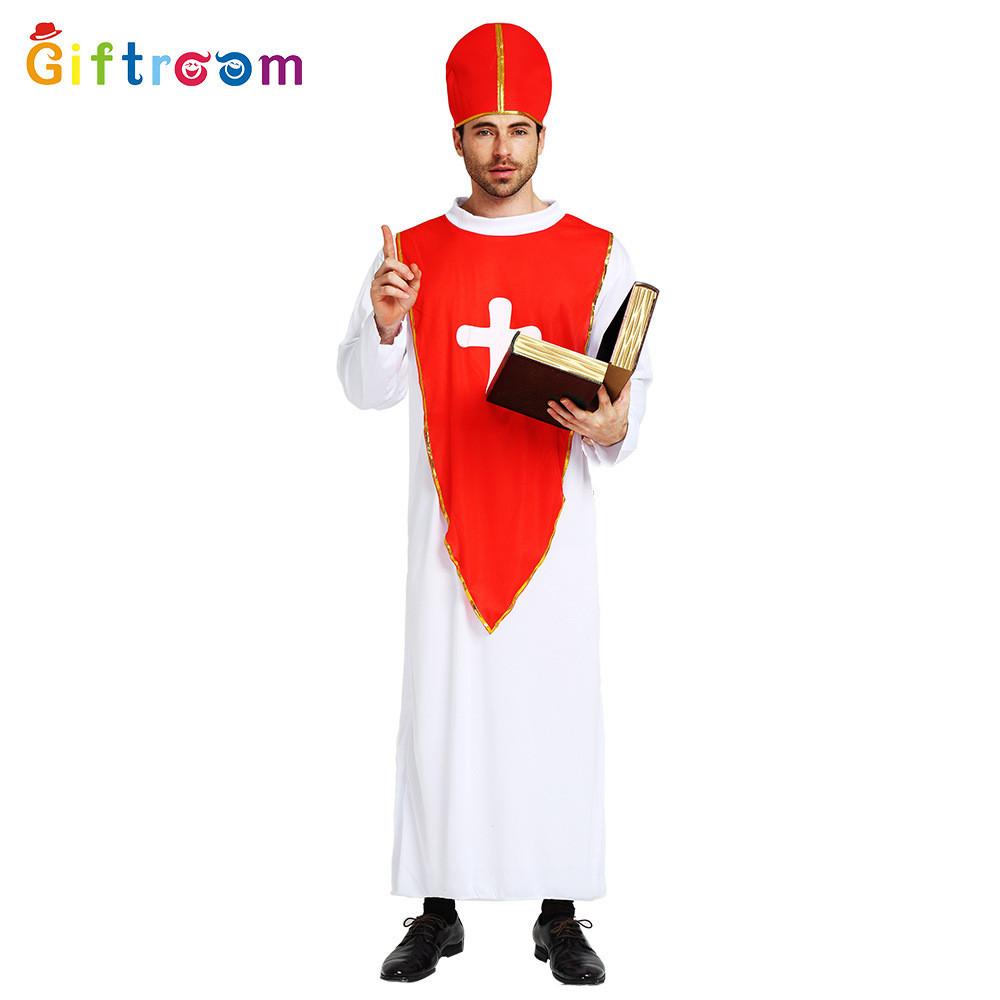 Halloween Themed Party Costume For Men Featuring Creepy Red Cross Priest Design