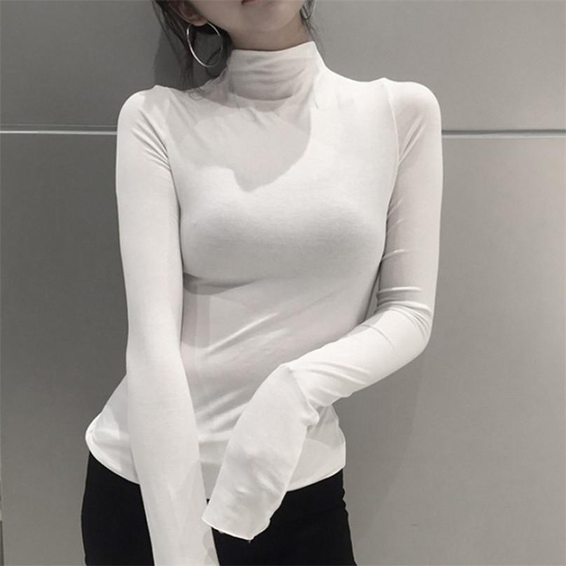 Modna koszula z długim rękawem w stylu koreańskim Damska jednokolorowa koszula z wysokim dekoltem Slim Basic