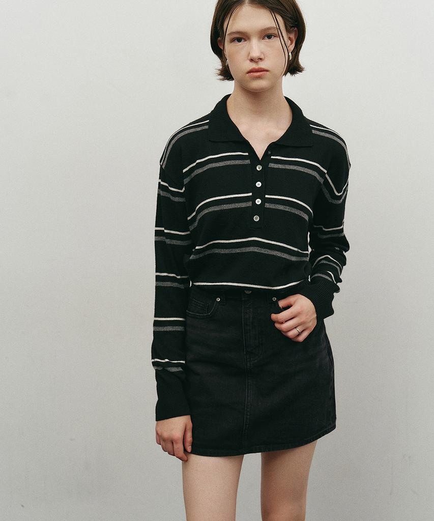 MAKE A TOAST Striped Collar Knit Black Mbefnt003Bk