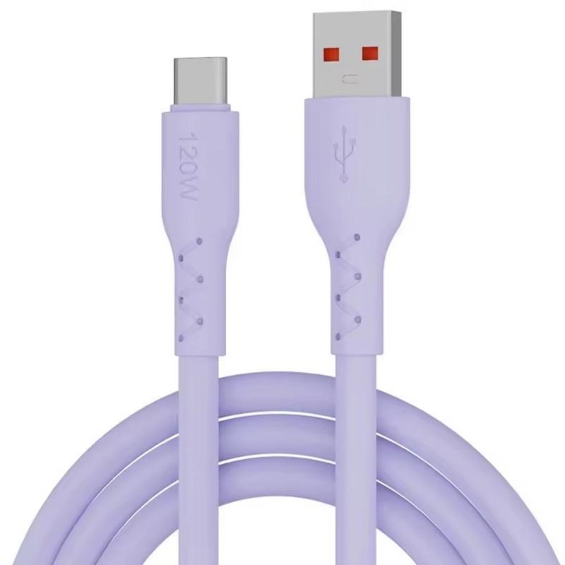 

Кабель для передачи данных Type-C с быстрой зарядкой 120 Вт 6 А, силиконовый провод, приятный на ощупь и не нагревающийся, для телефона Huawei Android, кабель USB Type-C 1M фиолетовый