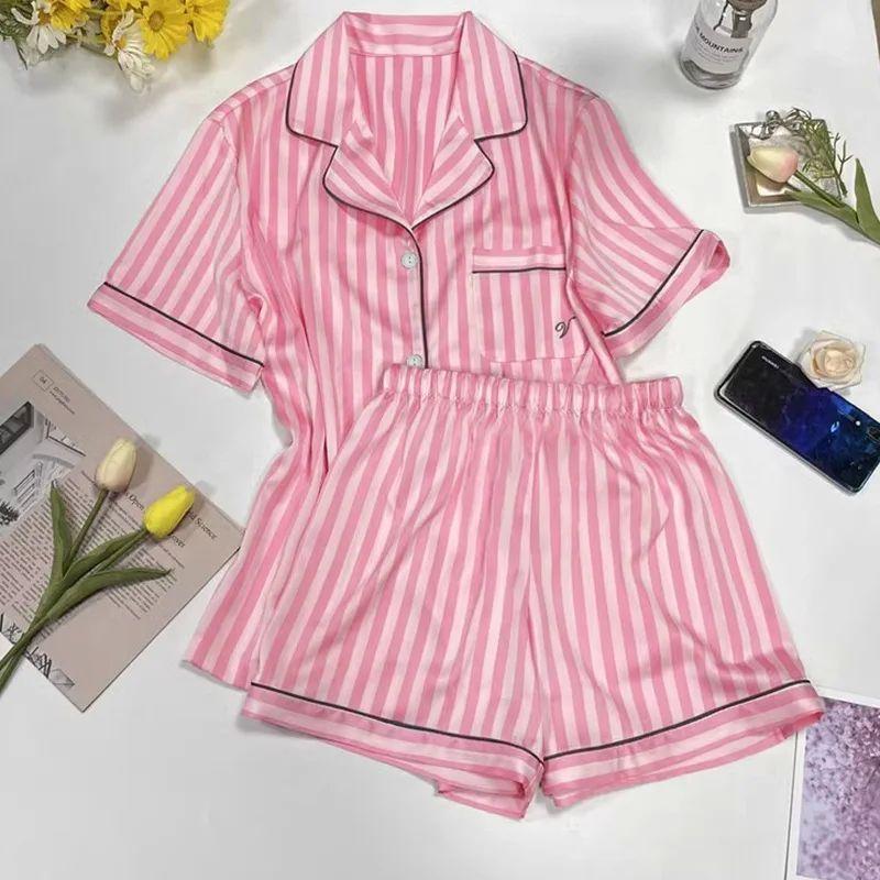 

Thin Lapel Buckle Striped Home Clothing Lapel Button Stripes Homewear Pink M(M)