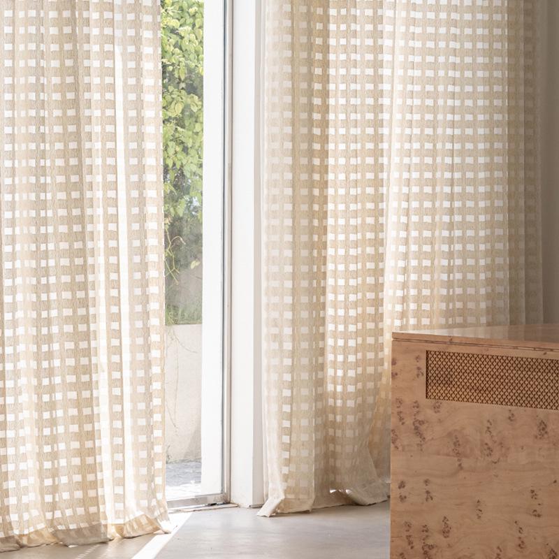 Vintage Plaid Sheer Linen Curtains for Living Room & Bedroom - Light-Permeable, High-End Feel, New Style for Balcony Windows