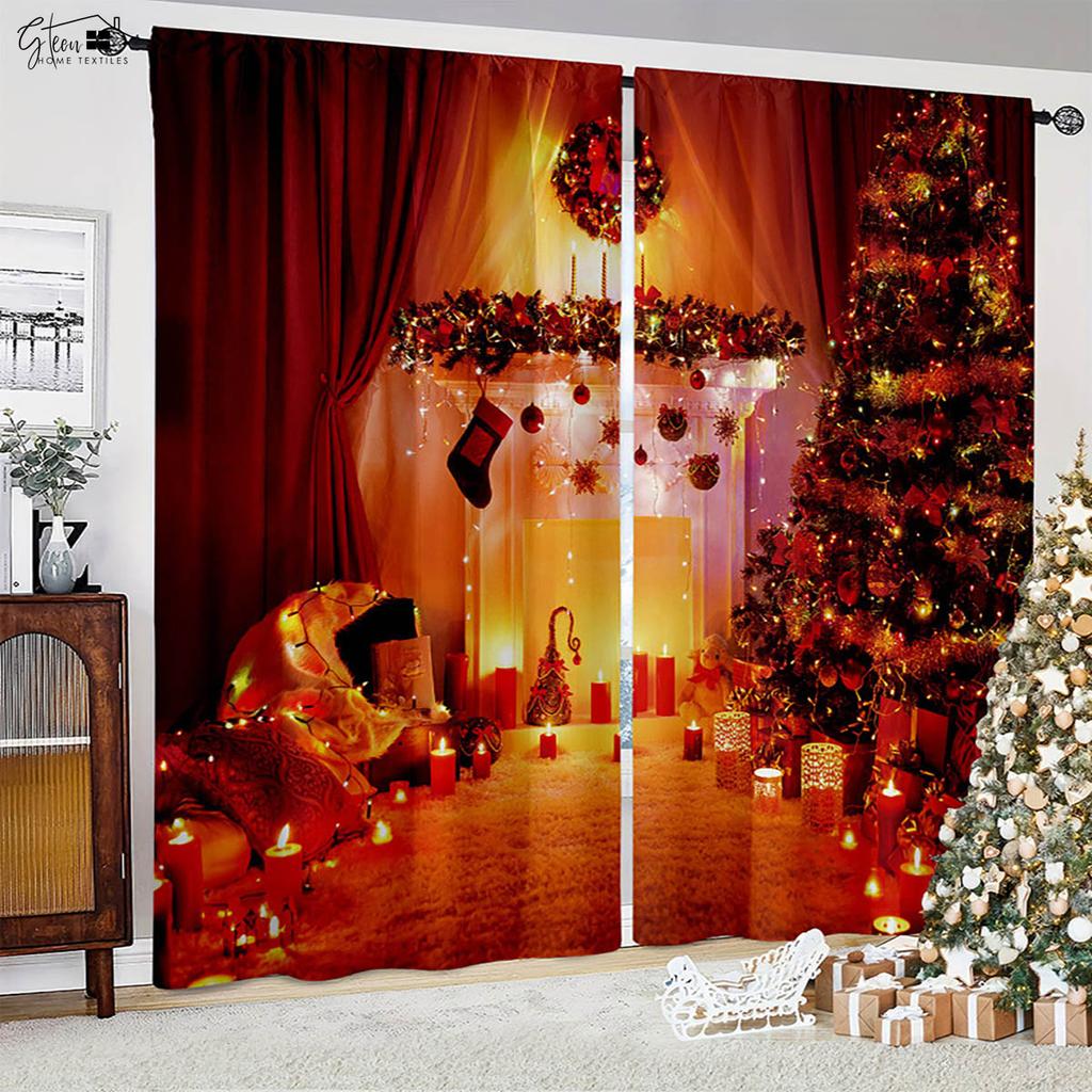 Christmas Decoration Curtains Christmas Tree Santa Claus Gift Snowman Living Room Children's Room New Year Holiday Curtains 2PCS