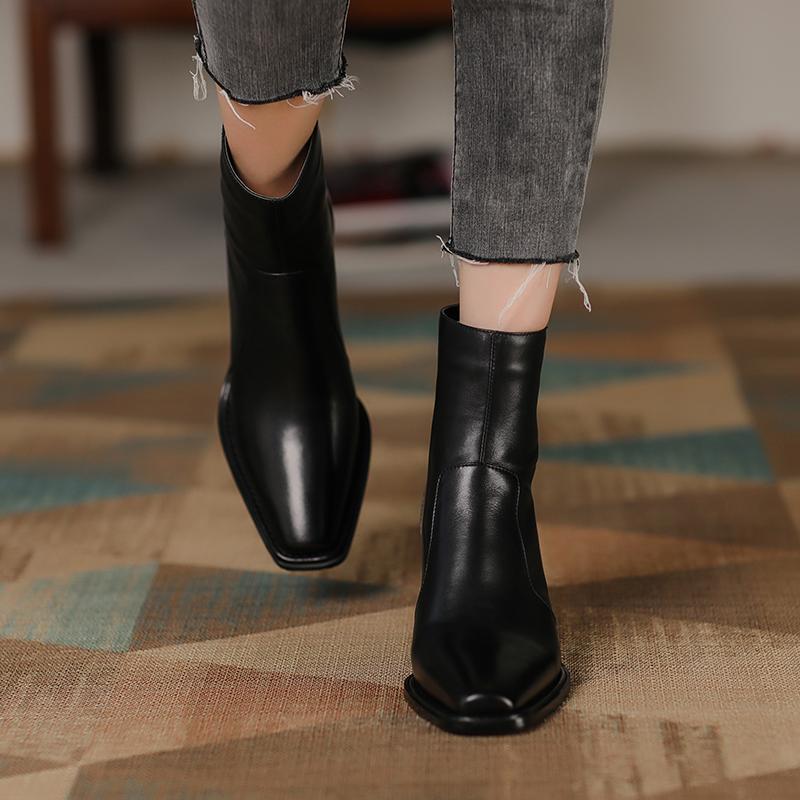 Krazing Pot Jarní zimní boty z hovězí kůže Silné vysoké podpatky Chelsea Boots Dámské kotníkové boty na zip
