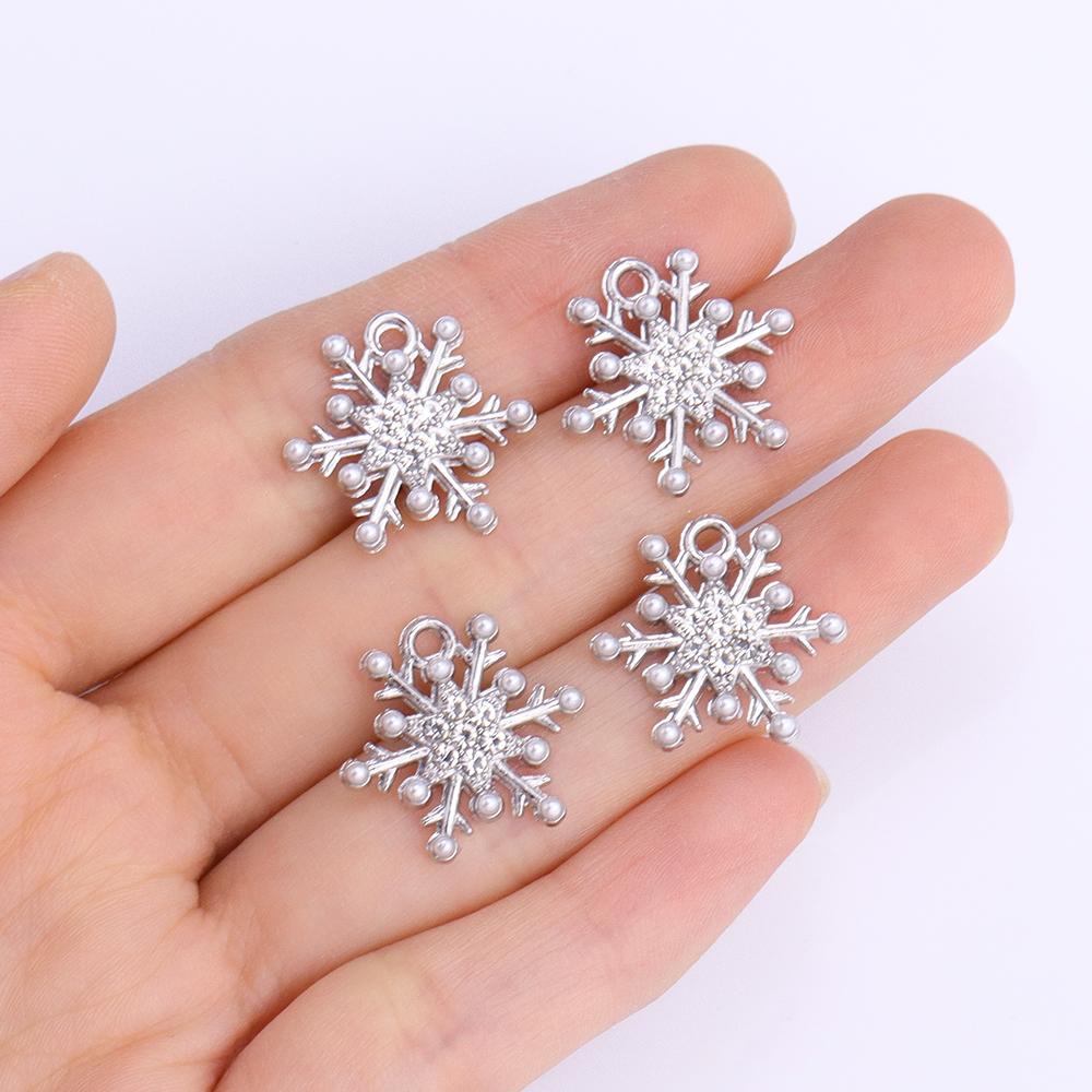 10Pcs Delicate Pearl Zircon Snowflake Pendant Alloy Metal Charms for Diy Jewelry Making Necklaces Earrings Craft Accessories