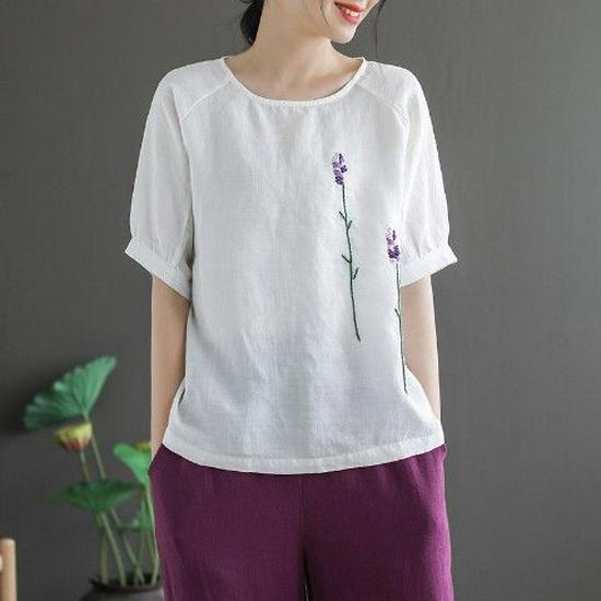 Women's Retro Floral Embroidered Cotton Linen Short-Sleeve Loose T-Shirt