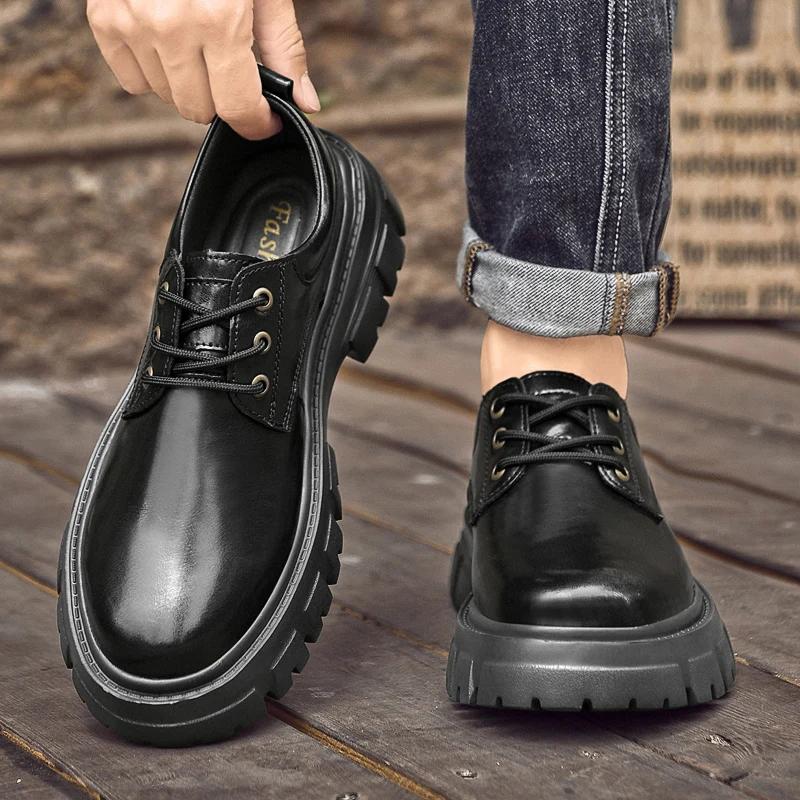 New Italian Mens Casual Leather Thick Bottom Shoes Trendy All-match Genuine Leather Business Shoes Outdoor Designer Oxford Shoes