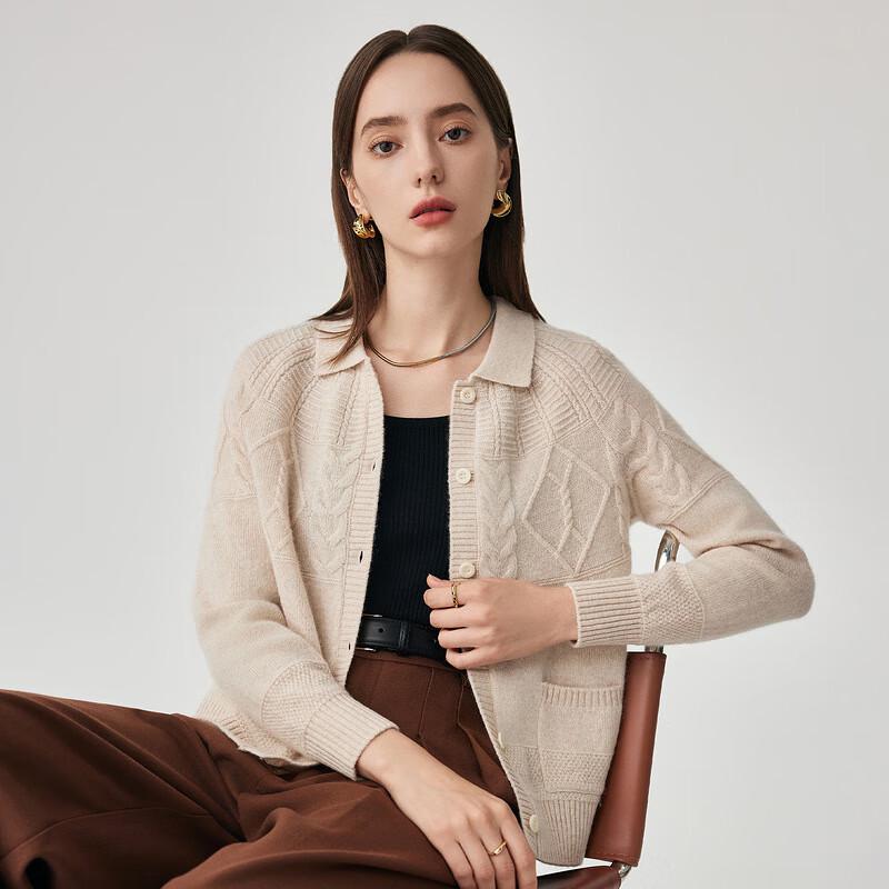 Zhao Jun Women's Thick 100% Wool Cable Knit Polo Collar Cardigan