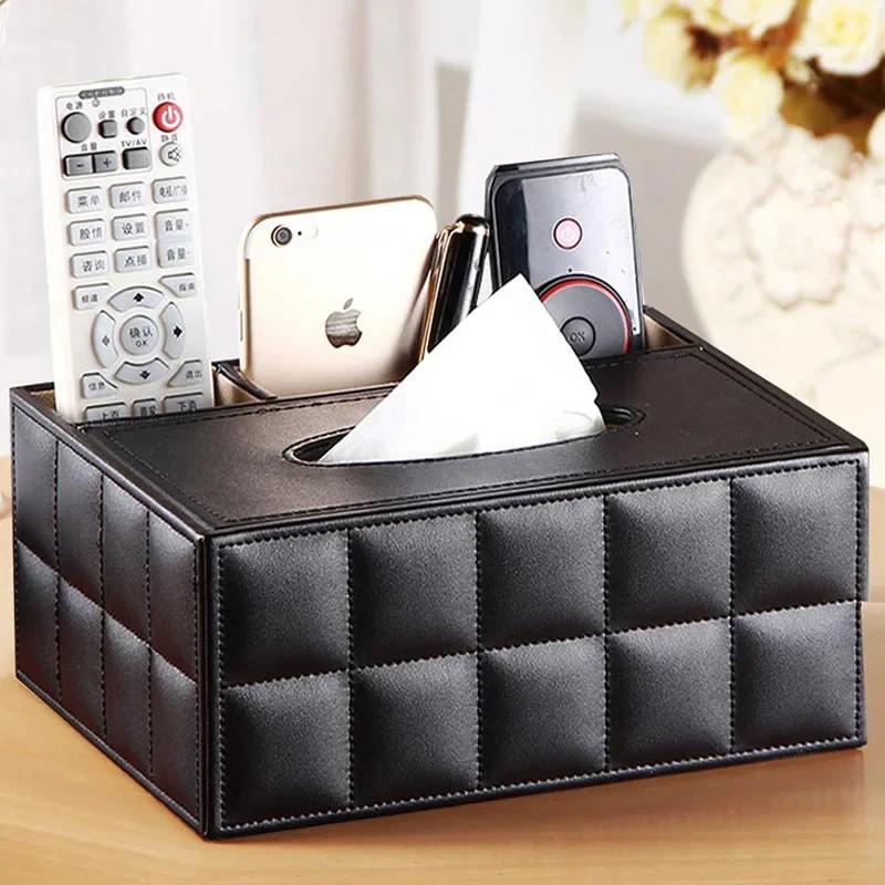 PU Leather Tissue Box Cover Desk Makeup Cosmetic Organizer Remote Controller Phone Holder Home Office Tissue Paper Napkin Holder