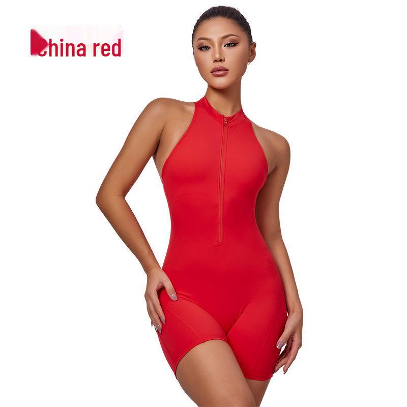 European & American Zipper Aerial Yoga Jumpsuit Bodysuit with Chest Pad & Tummy Control for Women Fitness.