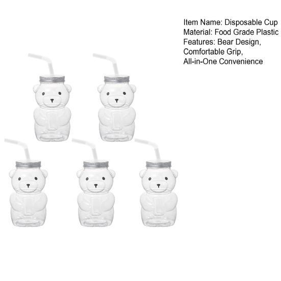 Kubek Jednorazowy Misiowy z Wieczkiem ze Słomką Ergonomiczny Kubek Plastikowy w Kształcie Misia Naczynia do Napojów Dom Biuro Bar Codzienne Użytkowanie
