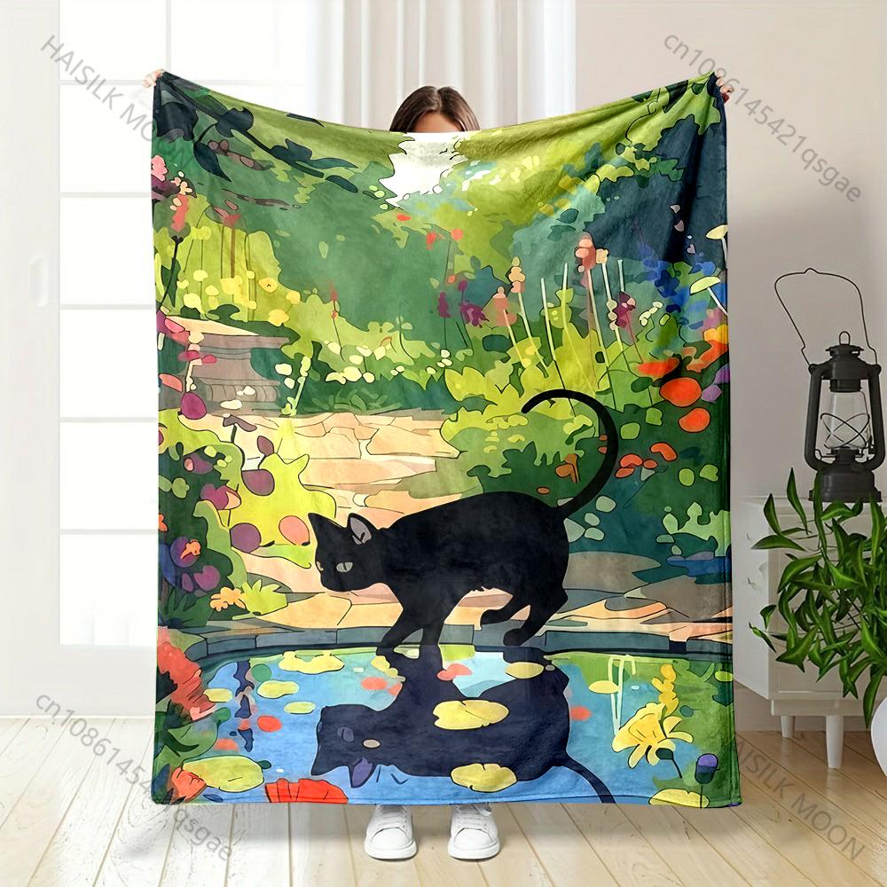 Black cat reflection at garden pond Print Blanket Warm Soft Fluffy Kids Adult Sofa Bed Throw Blanket Outdoor Travel Camping RV