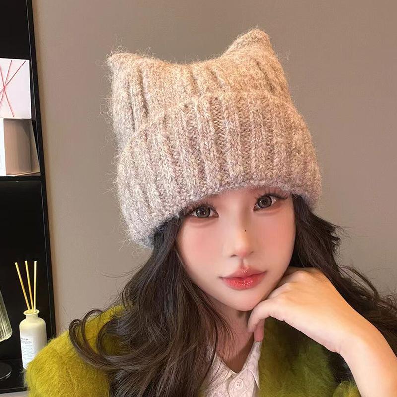 Cartoon Knitted Hat for Women Korean Style Solid Color Fashionable Versatile Wool Hat Outdoor Windproof and Warm Pull Out Hat for Men