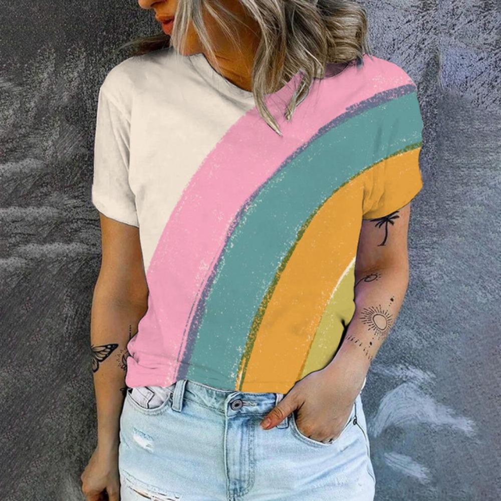 Elegant Women's Round Neck T-shirt Art Graffiti Pattern Fashion T-shirt Summer Leisure Women's Popular Short Sleeved T-shirt