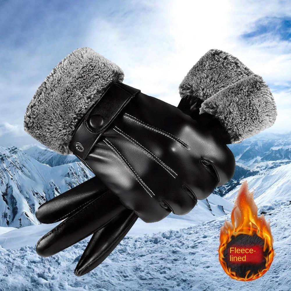 Solid Color Thickened Warmer Glove PU Fashion Waterproof Mittens Minimalism Outdoor Riding Gloves