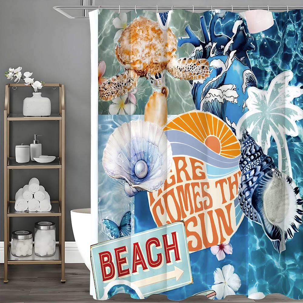 

Ocean Collage Turtle Shell Pearl Coconut Tree Shower Curtain, Bathroom Decorative Shower Curtain, Waterproof Shower Curtain with 90*180cm