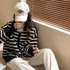 Høst vinter ny dame koreansk versjon løs moteriktig polokrage stripet strikket cardigan varm glidelås genserjakke