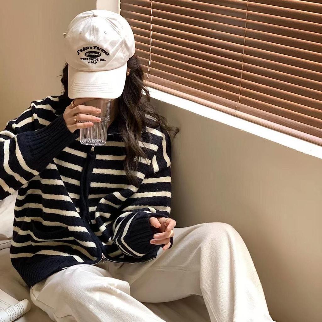 Høst vinter ny dame koreansk versjon løs moteriktig polokrage stripet strikket cardigan varm glidelås genserjakke