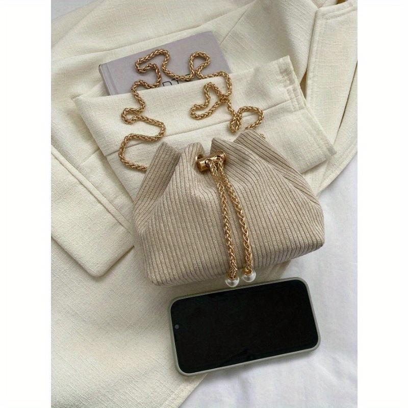 Fashion Solid Color Hollow Out Woven Chain Drawstring Mini Crossbody Bucket Bag