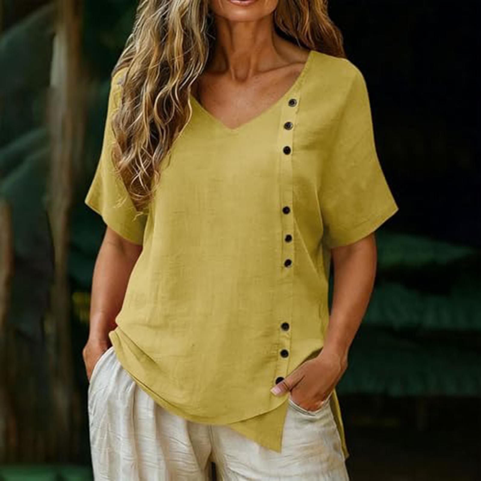 

Women s V-neck Cotton And Linen Buttoned Short-sleeved T-shirt Top XL жовтий
