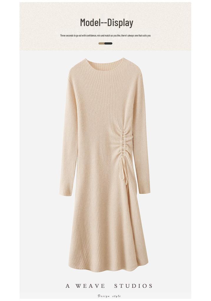 Women's Cashmere Knit A-Line Dress - Mid-Length, Round Neck, Over-the-Knee, 100% Pure, Casual and Versatile