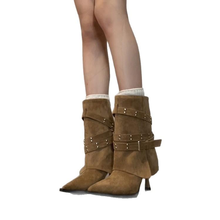Cowhide Version~ Temperament Spice Girls Niche Trousers Boots Women's Belt Buckle High Heel Pointed Rivet Small Short Boots Slim Single Boots