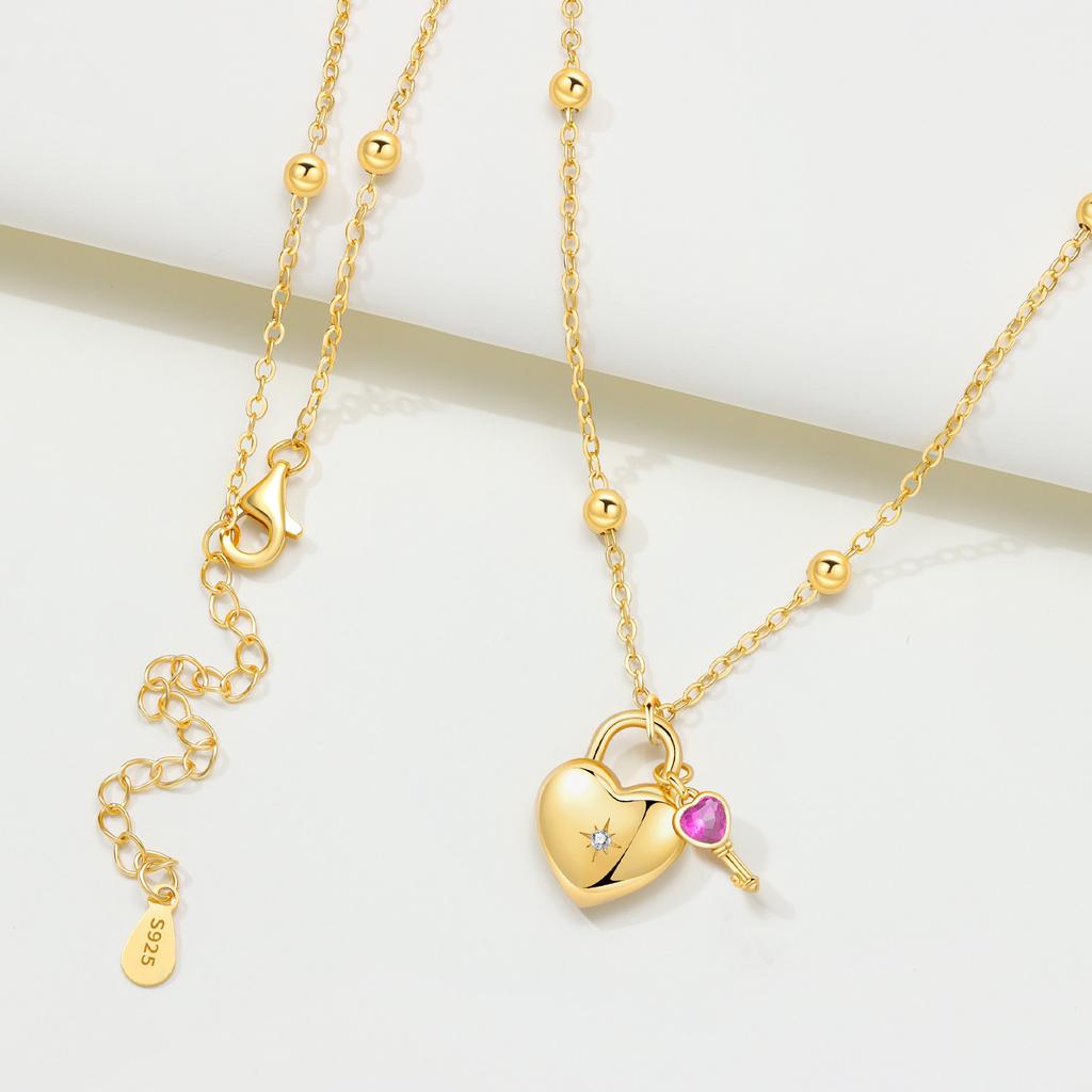 Original Sterling Silver Gold Heart Lock and Key Necklace Y-shaped Chain Necklace for Women Memorial Prayer Jewelry Gift