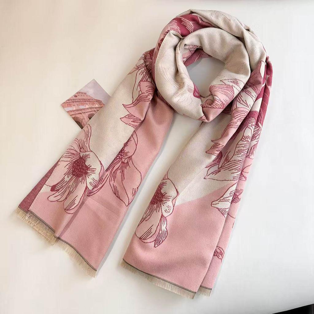 Retro Contrasting Color Flower Pattern Scarf Autumn and Winter Thickened Imitation Cashmere Air-conditioned Room Warm Dual-purpose Shawl Jacquard