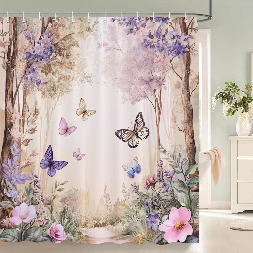 Beautiful Flowers Butterfly Shower Curtain Blue Floral Printed Bathroom Bath Curtain Home Decoration Curtain With Hooks