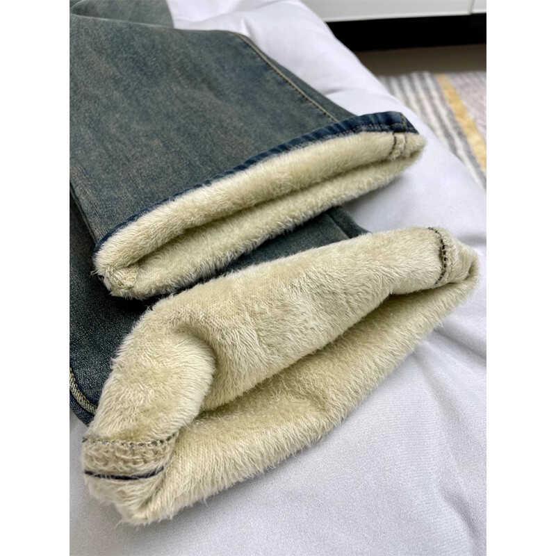 Dámské plyšové džíny s vysokým pasem a rozšířenými nohavicemi - Podzim/Zima 2024 - Nadměrná velikost, elastické kalhoty zakrývající boky