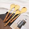 2/4Pcs Long Handle Serving Spoon Fork Bamboo Wooden Handle Salad Spork Kitchen Stainless Steel Tableware Cutlery Dinnerware Set