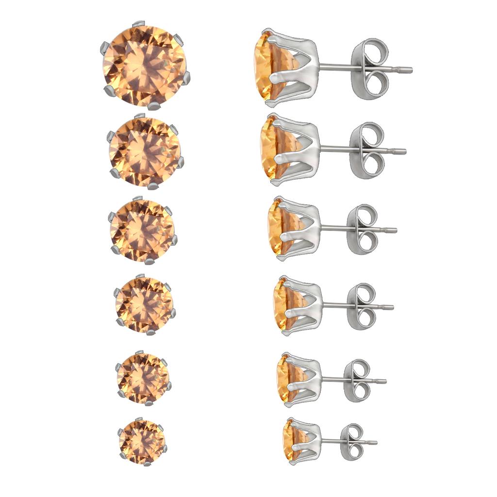 6Pairs/Set CZ Stud Earrings Stainless Steel Round White Cubic Zirconia Hypoallergenic 6 Claws Earring Trendy Jewelry