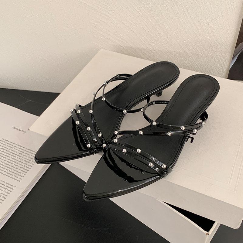 

Мода Мода Металлические заклепки Женские шлепанцы на низком каблуке Женские сандалии Обувь Заостренный носок Обувь Женские шлепанцы на каблуке Туфли-лодочки 35 чёрный