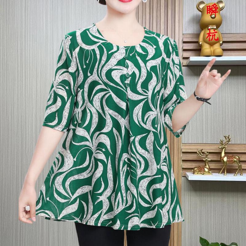 Summer Half Sleeve Blouse Stylish Vintage Printed Women's Clothing Casual Round Neck Button Folds Commute Spliced Loose Shirt