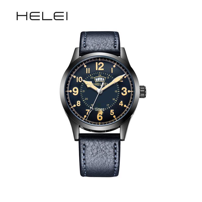 HELEI Wasserdichte Herren-Quarzuhr mit echtem Lederarmband - Modell H9019