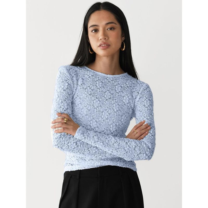 

Western Style Lace Hollow Base Top Split Tight Long sleeves Shirt Women Sexy Hollow out Top Blue round neck One size