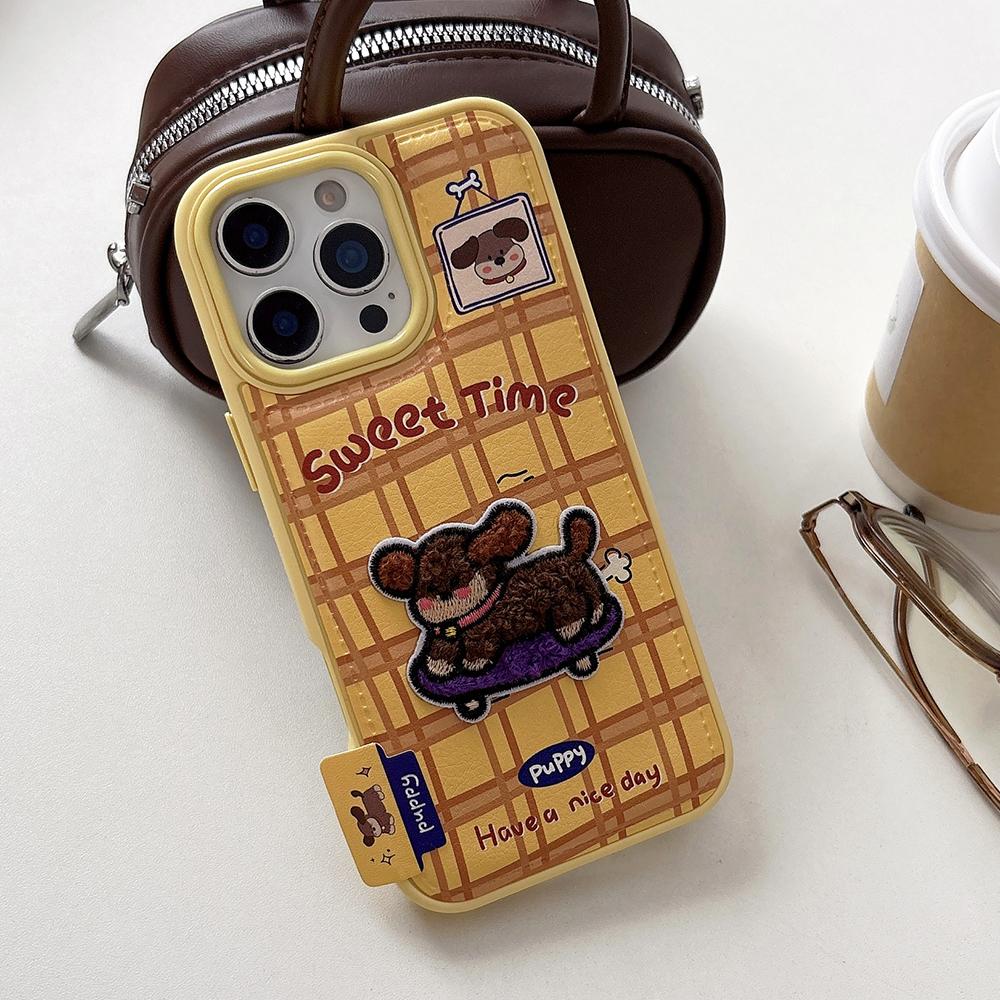 

Cute Embroidered Puppy Dog Leather Phone Case for IPhone 13 14 15 16 17 Pro Max Shockproof Phone Back Cover for Iphone 17 Case iPhone 13