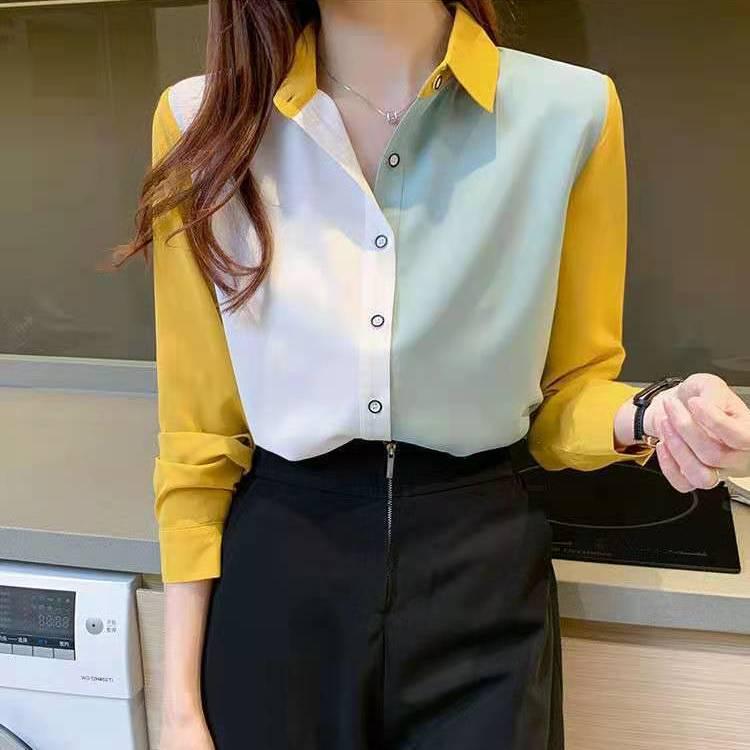 Women's Color Block Long Sleeve Chiffon Blouse - Korean Style, Spring/Autumn Versatile Loose Top