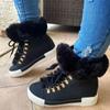 36-43 Women Fluffy Thick Fleece Liner Ankle Snow Boots Thermal Solid Color Lace Up Faux Leather Platform Shoes Botas Mujer