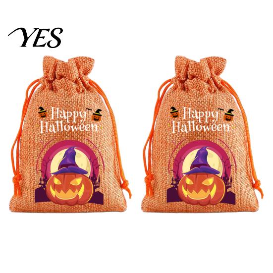 Trick or Treat Party Souvenirs 2Pcs Halloween Pumpkin Drawstring Bags for Candy Treats, Retro Burlap Cute Ghost Theme Pouches Bags, Portable