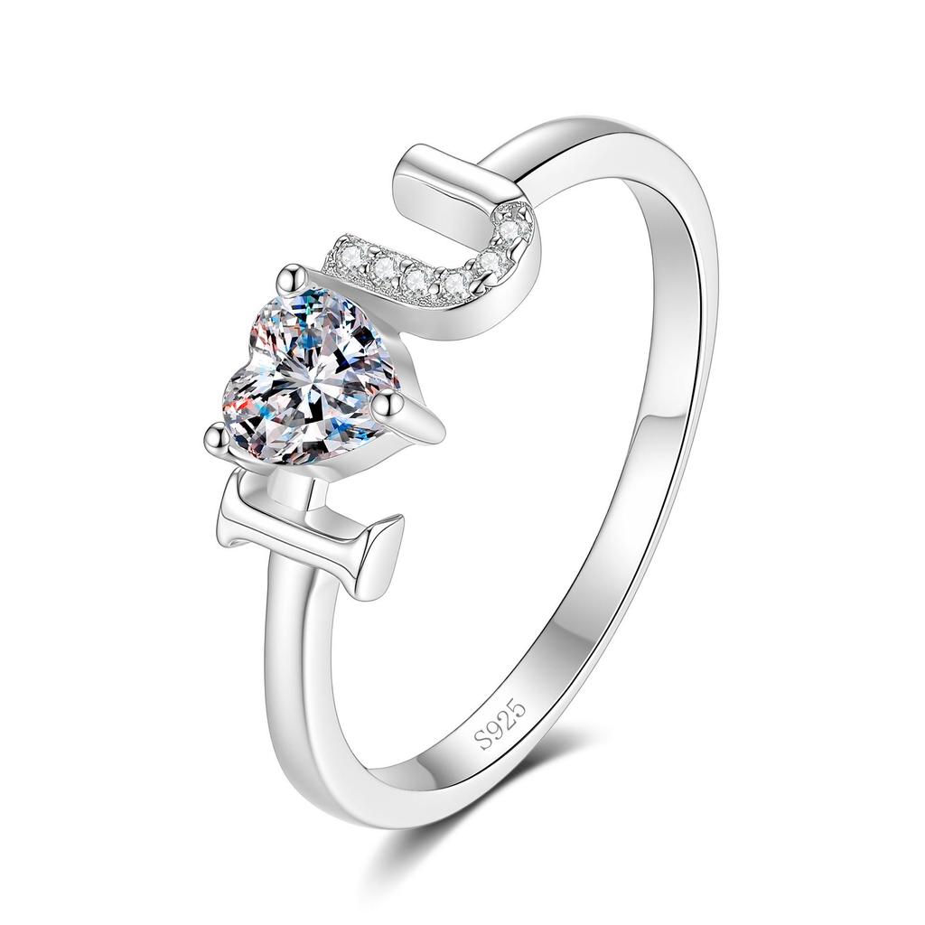 S925 Sterling Silver Heart Letter Adjustable Women's Ring