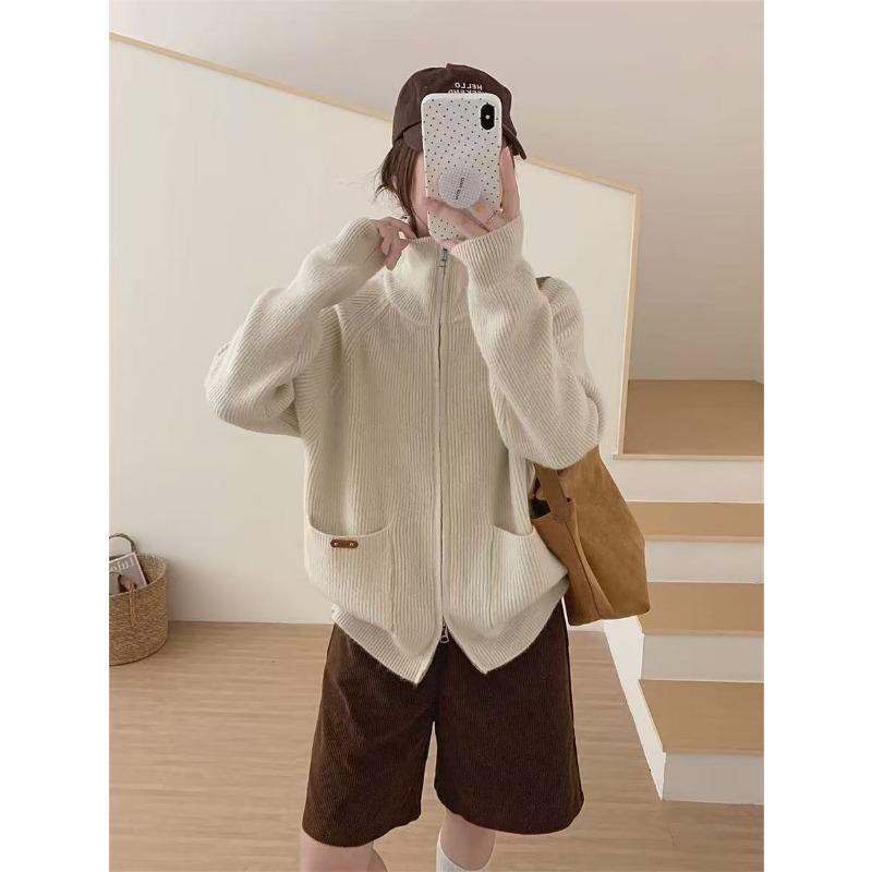 

Осень и зима отложной воротник двойная молния однотонный двойной карман повседневный кардиган темперамент тонкий универсальный ленивый стиль вязаный свитер One Size бежевый